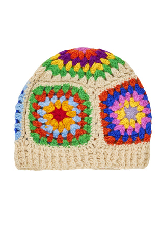 Granny Square Boho Wool Beanie- Cream