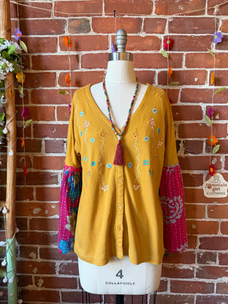 OOAK Autumn Collection- Upcycled Embroidered Kantha Bell Sleeve Cardigan Size Small