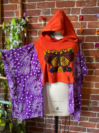 Size Small Upcycled Embroidered Butterfly Hi Lo Celestial Poncho Hoodie