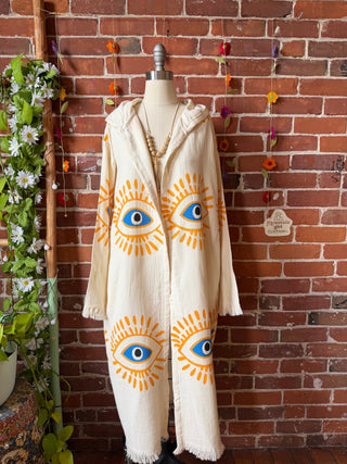 Evil Eye Golden/Blue 100% Cotton Hoodie Kimono Robe  - Fair Trade Made
