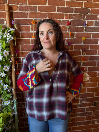 OOAK Autumn Collection- Size XS Upcycled Fleece Bell Sleeve Button Up Plaid
