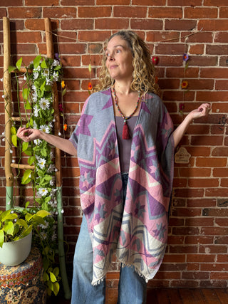 Meadow Sky Fringe Ruana Reversible Kimono - 100% Cotton