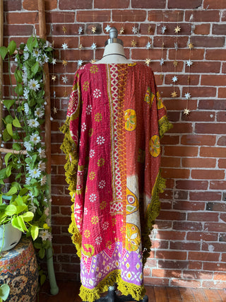 Sierra Dreams Upcycled Cotton Kantha Poncho Tunic Top with Pockets