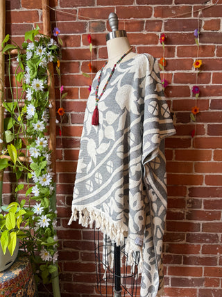Gray Sky Fringe Hi Lo Poncho Tunic Top- 100% Cotton