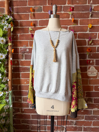OOAK Summer Collection- Upcycled Off The Shoulder Soft Patchwork Bell Sleeve Tee - Size XL