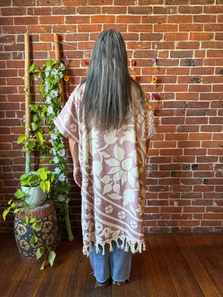Pink Sky Fringe Hi Lo Poncho Tunic Top- 100% Cotton