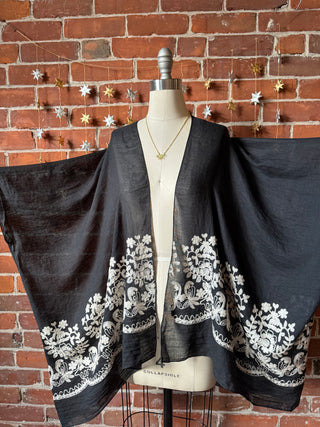 Black + White Embroidered Boho Kimono Layer