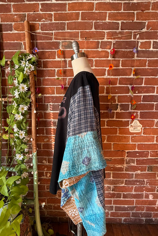 OOAK Autumn Collection- Upcycled Chicago Inspired Kantha + Plaid Poncho Tee