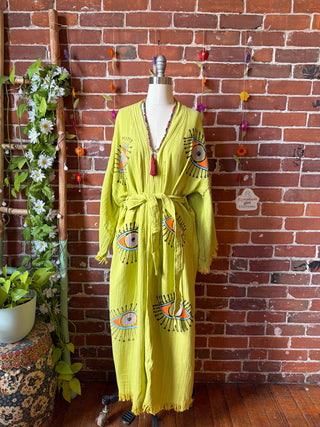 Soft Lime Evil Eye 100% Cotton Kimono Robe  - Fair Trade Made
