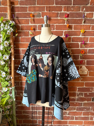 OOAK Summer Collection- Upcycled The Doors Inspired Vintage Butterfly Patch Moon Sun Poncho Tee