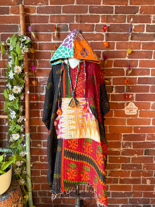 Sierra Dreams Reversible 100% Cotton Kantha Poncho Tunic Hoodie Beach Coverup - Fair Trade Made