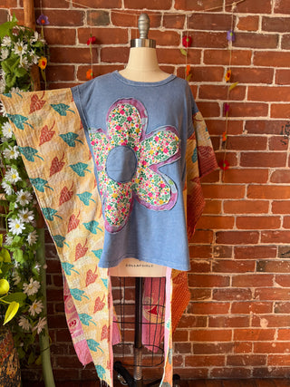 OOAK Autumn Collection - Upcycled Flower Patchwork Hi Lo Kantha Poncho Top 🌼