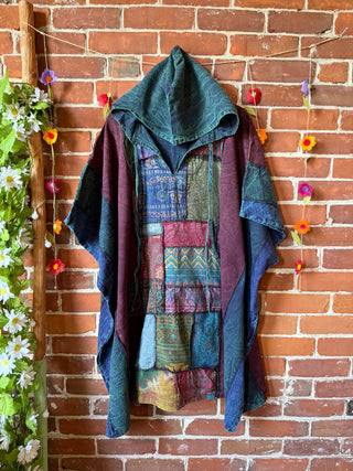 Juniper Patchwork Poncho Hoodie- Maroon / Earth Tones