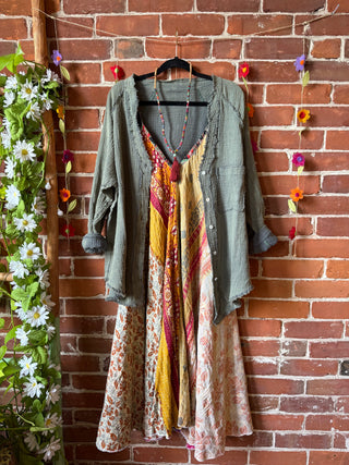 100% Cotton Gauze Olive Light Layer Button Up Top