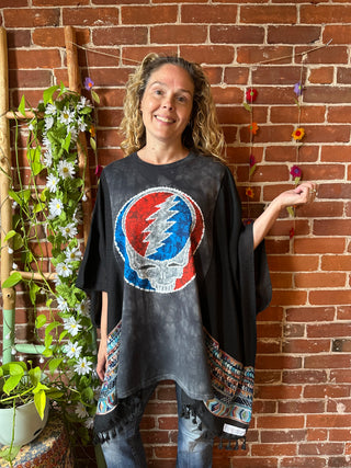 Grateful Dead Inspired Batik Stealie Embroidered Black Poncho