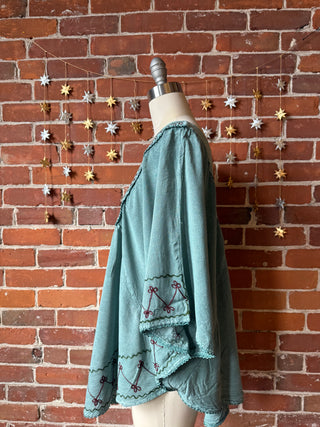 Hannah Embroidered Poncho Capelet Top - Stone Washed Turquoise