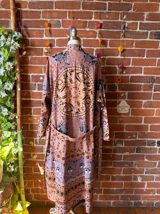 Lavender + Orange Long Tapestry Robe Kimono w/ Pockets + Belt - Fair Trade Made
