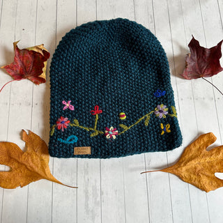 Teal Blue Floral Embroidered Wool Beanie Hat