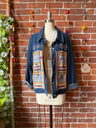 OOAK Summer Collection- Upcycled Pearl Classic Rock Inspired Geometric Woven Embrdoiered Denim Jacket Size XL/2XL