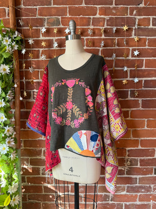 OOAK Autumn Collection- Upcycled Peace Sign Patchwork  Cropped Kantha Hi Lo Poncho Tee