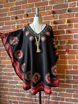 Artemis Batik Long Tunic Top - Black/Red