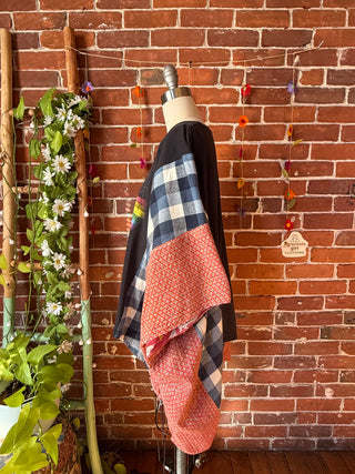 OOAK Autumn Collection- Upcycled Pink Floyd Inspired Kantha + Plaid Poncho Tee