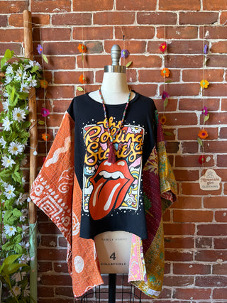 OOAK Summer Collection- Upcycled Rolling Stones Kantha Poncho Hi Lo Tee
