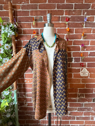 OOAK Autumn Collection- Size S/M Upcycled Flowy Patchwork Grateful Dead Inspired Button Up Top