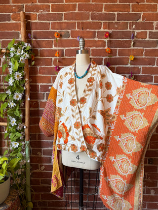 OOAK Summer Collection- Upcycled Embroidered Kantha Flowy Hi Lo Poncho Jacket