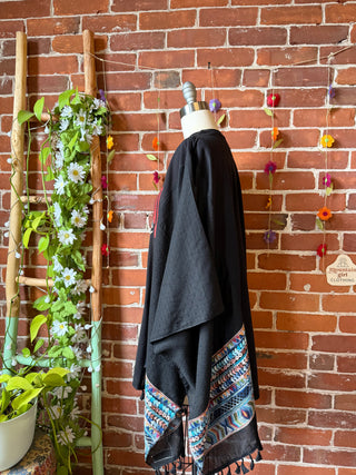 Upcycled Grateful Dead Skeleton Inspired Embroidered Black Tassel Poncho