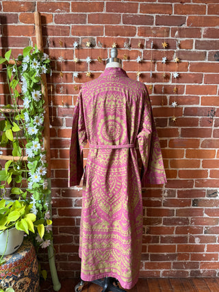 Gold + Dark Mauve Mandala Long Tapestry Robe Kimono with Pockets and Belt - Fair Trade Made