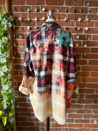 OOAK Autumn Collection - Unisex Size Medium Upcycled Flower Patchwork Bleach Button Up Flannel
