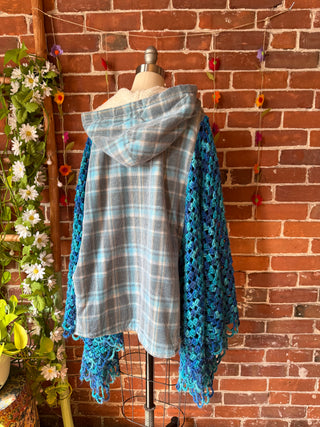 OOAK Autumn Collection- Upcycled Crochet + Fleece Plaid Hoodie Poncho Jacket