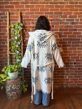 Evil Eye Sun Washed Blue 100% Cotton Hoodie Kimono Robe  - Fair Trade Made