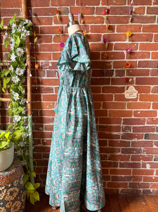 Size Small-Medium Blue Meadow Mosaic 100% Cotton Short Sleeve Dress - Fair Trade Made