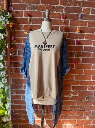OOAK Autumn Collection- Size XL Upcycled Manifest Your Dreams Emboidered Hi Lo Hybird Top