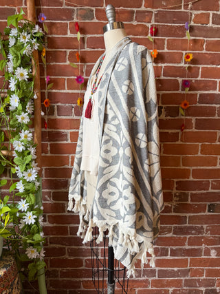 Gray Sky Fringe Cocoon Shawl Kimono - 100% Cotton
