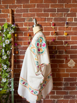The Wandering Bloom Layer - Upcycled V-neck Embroidered Poncho