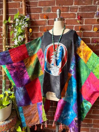 Grateful Dead Inspired Upcycled Silk Patchwork Tie Dye Hi Lo Poncho Top