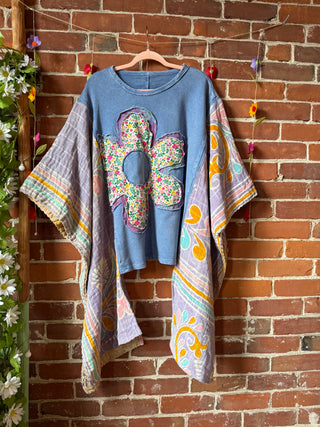 OOAK Autumn Collection - Upcycled Flower Patchwork Hi Lo Kantha Poncho Top 🌼