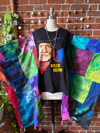 OOAK Winter Collection- Upcycled Silk Patchwork Tie Dye Willie Nelson Inspired Hi Lo Poncho Top
