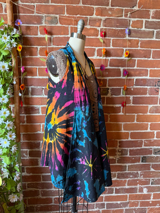 Black + Rainbow Tie Dye Flowy Hem Layering Vest - 100% Cotton
