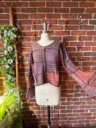 Moon Catcher Patchwork Knit Bell Sleeve Cropped Sweater - 100% Cotton - Fair Trade Made