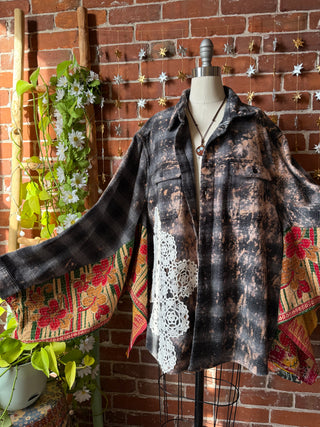 OOAK Winter Collection- Birdsong Kantha + Bleach Plaid Button Up Wing Style Poncho Jacket