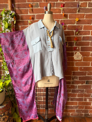 OOAK Summer Collection- Upcycled Cotton and Recycled Sik Sari Pullover Hi Lo Poncho Top