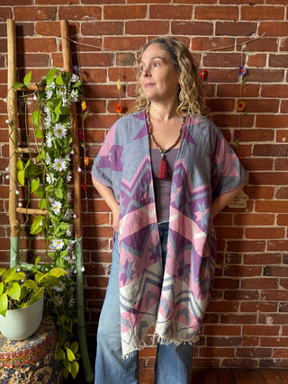 Meadow Sky Fringe Ruana Reversible Kimono - 100% Cotton