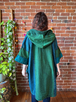 Juniper Patchwork Poncho Hoodie-Teal Blue / Gem Tones