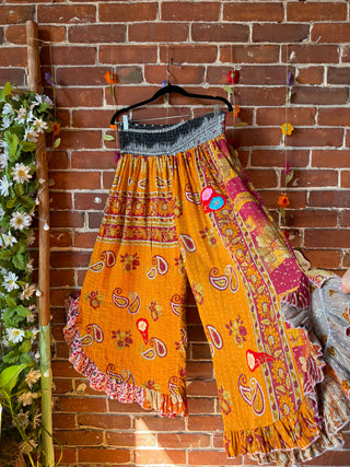 Coffee In The Morning Kantha Ruffle Wide Leg Lounge Pants - Fits up to 2X - Fair Trade Made