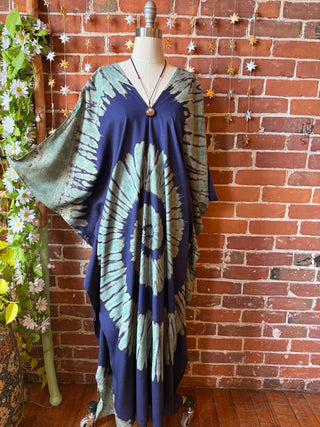 Laila Autumn Spiral Tie Dye Kaftan Dress - indigo/green