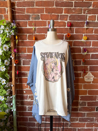 Upcycled Mystical Stevie Inspired Blue Daisy Embroidered Poncho